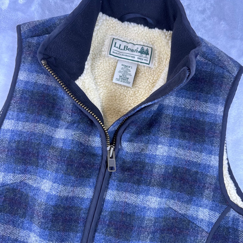 LL Bean Wool Blend Sherpa Lined Full Zip Vest Womens Medium Blue Plaid 0BMH9